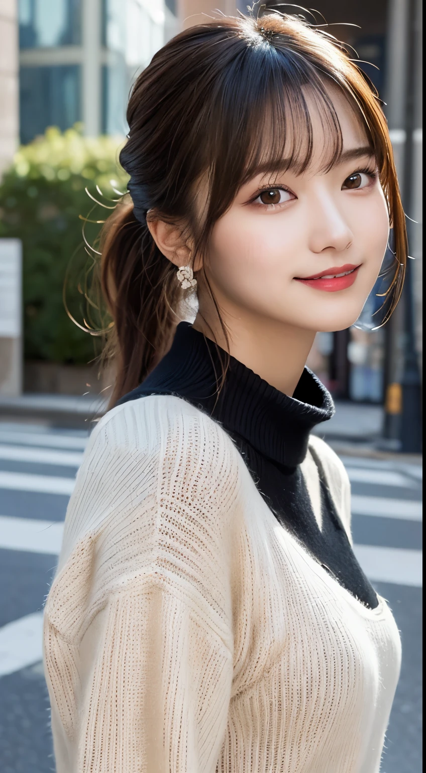 muste piece, highest quality, illustration, Super detailed, finely, High resolution, 8K Dende Wallpaper, perfect dynamic composition, beautiful and fine eyes, Knitted long-sleeved sweater,medium hair, middle of chest, natural color lip, random sexy poses,smile,Aoyama Street Walk、Ponytail hair