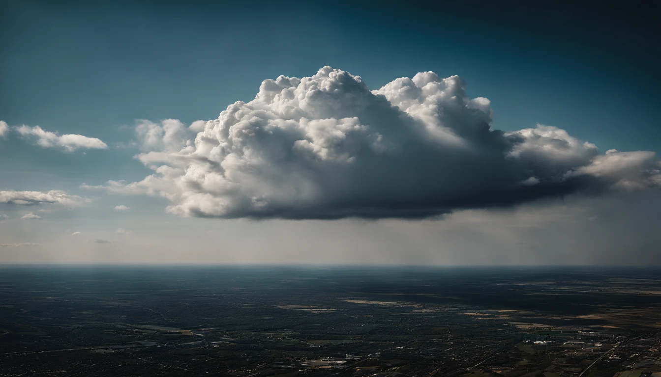 a high-angle shot of a cumulus nimbus cloud from an airplane or tall building, providing a unique perspective and emphasizing the vastness of the cloud’s expanse