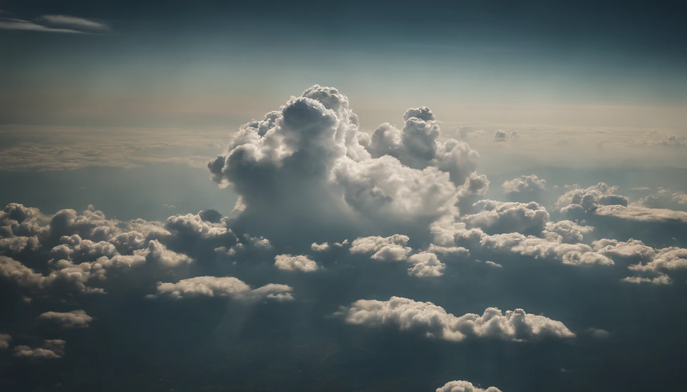 a high-angle shot of a cumulus nimbus cloud from an airplane or tall building, providing a unique perspective and emphasizing the vastness of the cloud’s expanse
