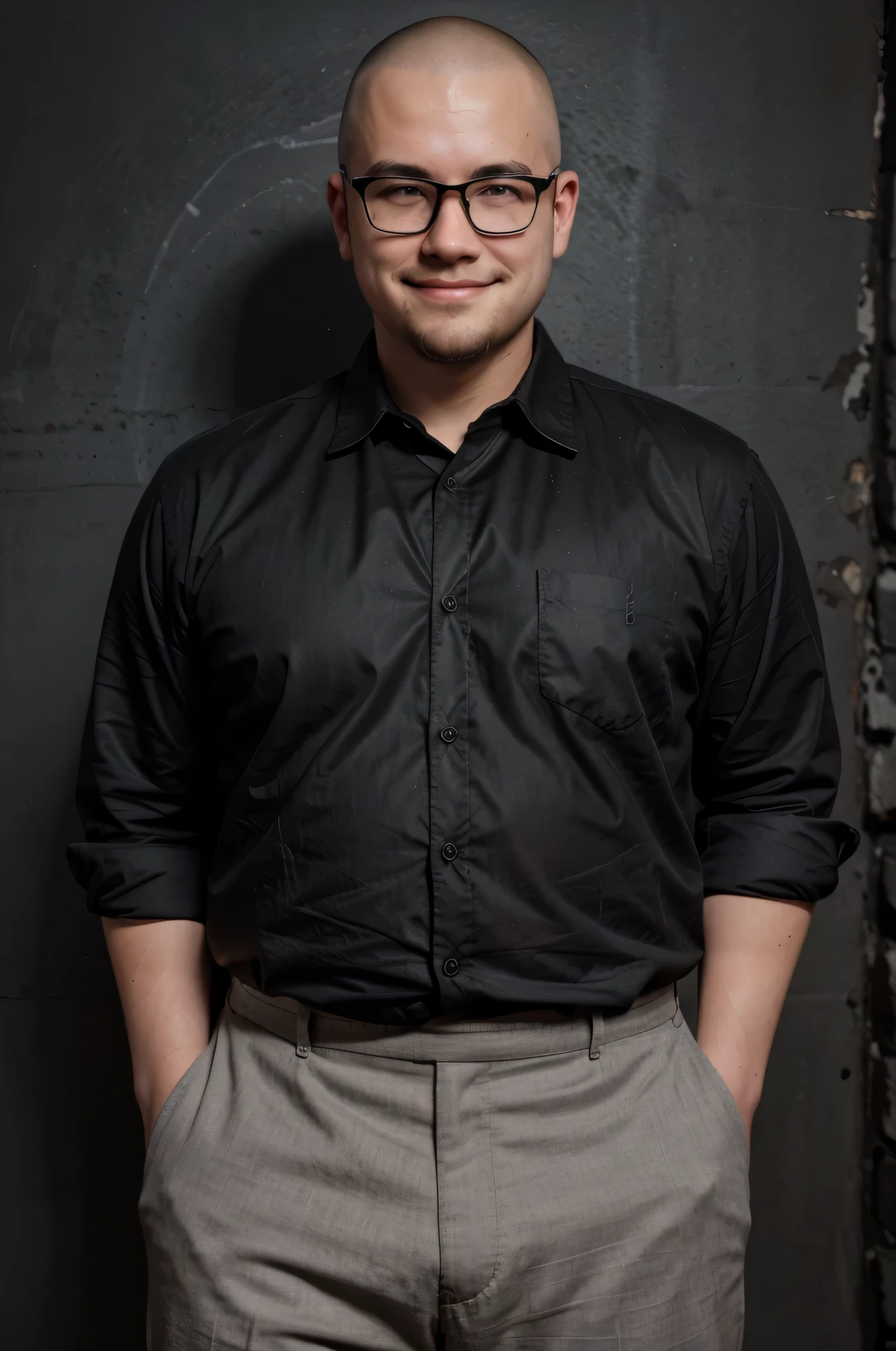 A 20-year-old boy with a shaved head and glasses turned to the side, olhando para o lado, round head with a smile on his face, thin and flabby beard, um pouco gordo, forte, camisa preta lisa em um fundo de parede cinza, in high resolution, 35mm, sala clara, 4k.