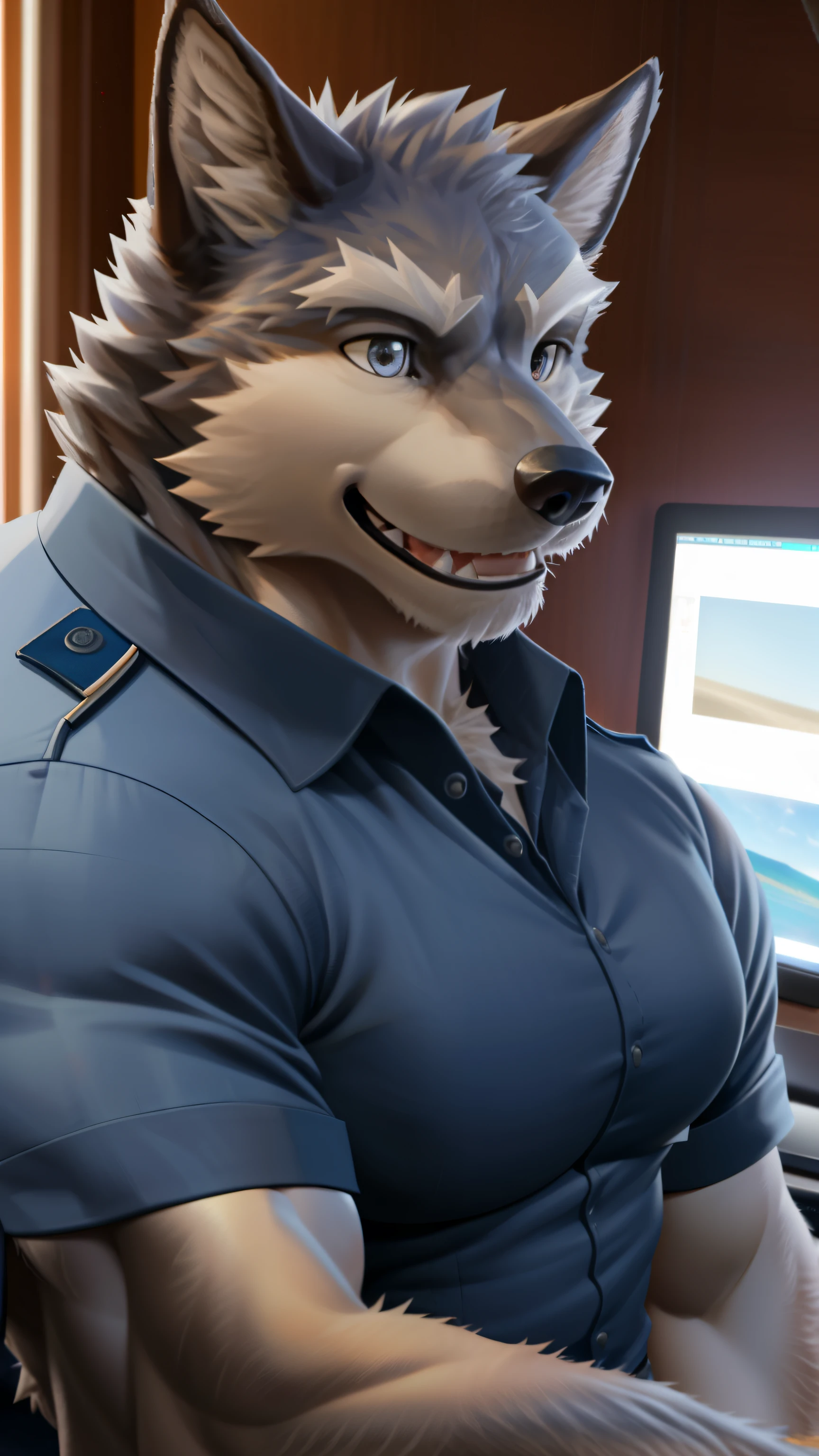 ((One, one man, 1 person)), Muscular man working as a policeman, police uniform, fluffy, cave (wolf), anto, old man, big muscular, happy expression, extremely detailed muscles, detailed face, face, detailed eyes, eyes, detailed muscles, realistic rendering, computer graphics realistic, 3D realistic, Photo, background