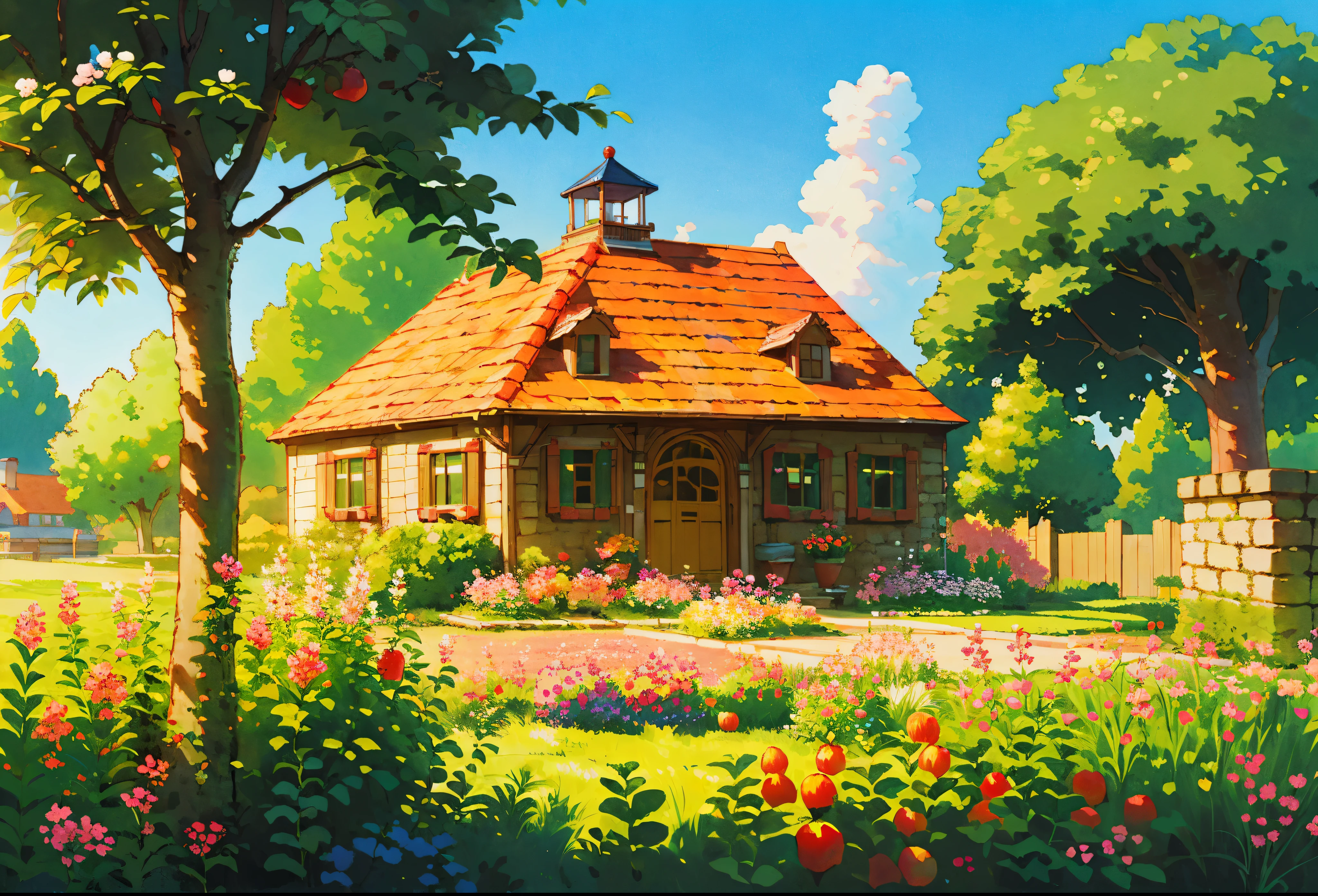 (((high quality))), detailed lighthouse,extremely detailed cliff under small apple tree,high resolution,absurd,high saturation,clear,rational construction,cartoon style,brick wall,building,bush,day,door, fence,field,flower, flower_field, garden, path, pink flower, grass, nature, house, no_humans, plant, potted plant