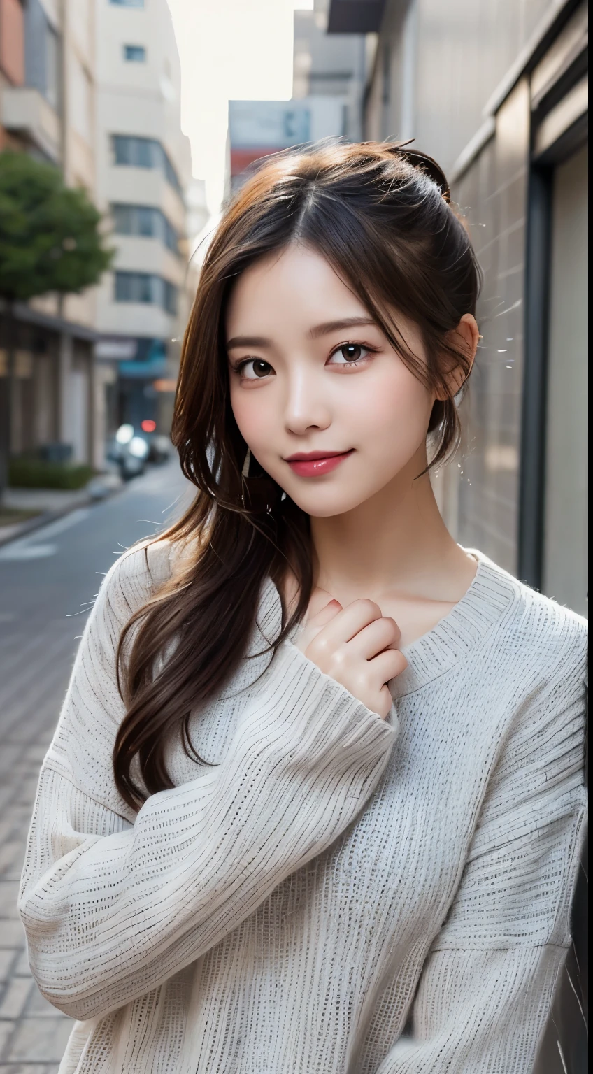 muste piece, highest quality, illustration, Super detailed, finely, High resolution, 8K Dende Wallpaper, perfect dynamic composition, beautiful and fine eyes, Knitted long-sleeved sweater,medium hair, middle of chest, natural color lip, random sexy poses,smile,Aoyama Street Walk、Ponytail hair