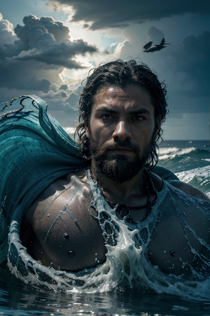 The depicted portrait of the Ocean King named Ocean takes on a new dimension as the sky suddenly darkens, and a stormy tempest approaches from the horizon. Despite the unfolding waves and raging winds, the figure of the Ocean King remains unyielding, maintaining his power over the elements. In the background, splashing waves and lightning emphasize his steadfastness, while the flying crows around him symbolize a mysterious connection with the spirits of the seas. His seashell crown now shines even more intensely, illuminating the darkness of the storm and casting bright reflections on the water. The gaze of the Ocean King is maintained with internal calm, while around him, the chaos of nature grows. This dynamic scene created by the artist portrays the harmony between the power of the Ocean King and the untamed force of nature, creating an epic portrait that evokes feelings of both awe and terror before the majesty of the ruler of the seas." Best Quality