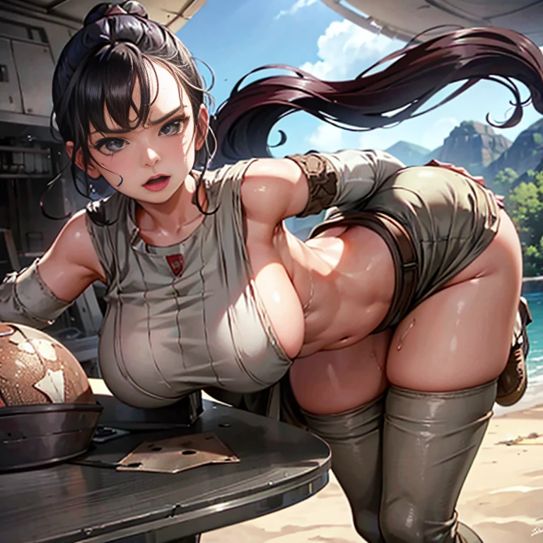 Rey star wars, overflowing breasts, big thighs, torn clothes, huge breasts, hands on boobs, round butt, in a desert hut, tight clothes, mouth wide open, slim, focus butt, tongue, erect nipples, head facing ass, arched back, cum, leathe boots