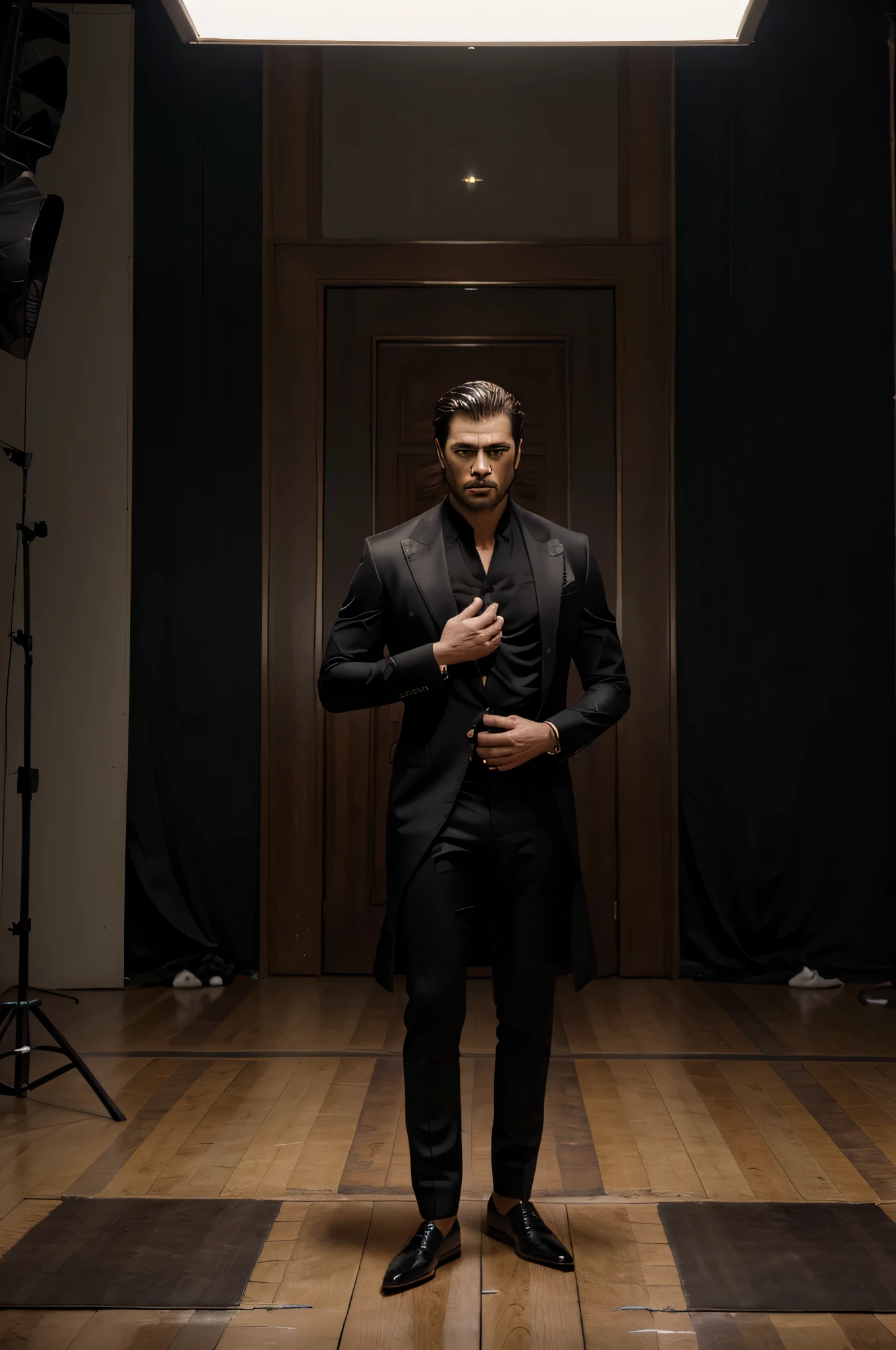 Exotic male, serious mood, full body , suit , perfect male anatomy, Photorealistic, ultra quality, fashion style, Studio Lighting, rtx, shot on 70mm, what the fuck expression , anger, ruthlessness,king, kingly aura, kingly background,