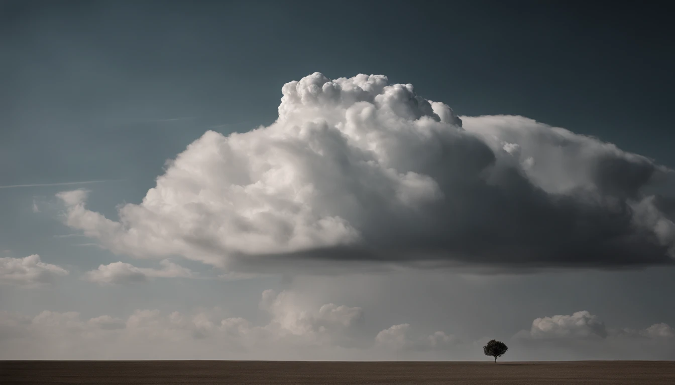 a minimalistic shot of a solitary cumulus nimbus cloud against a plain, monochromatic background, emphasizing its beauty and simplicity