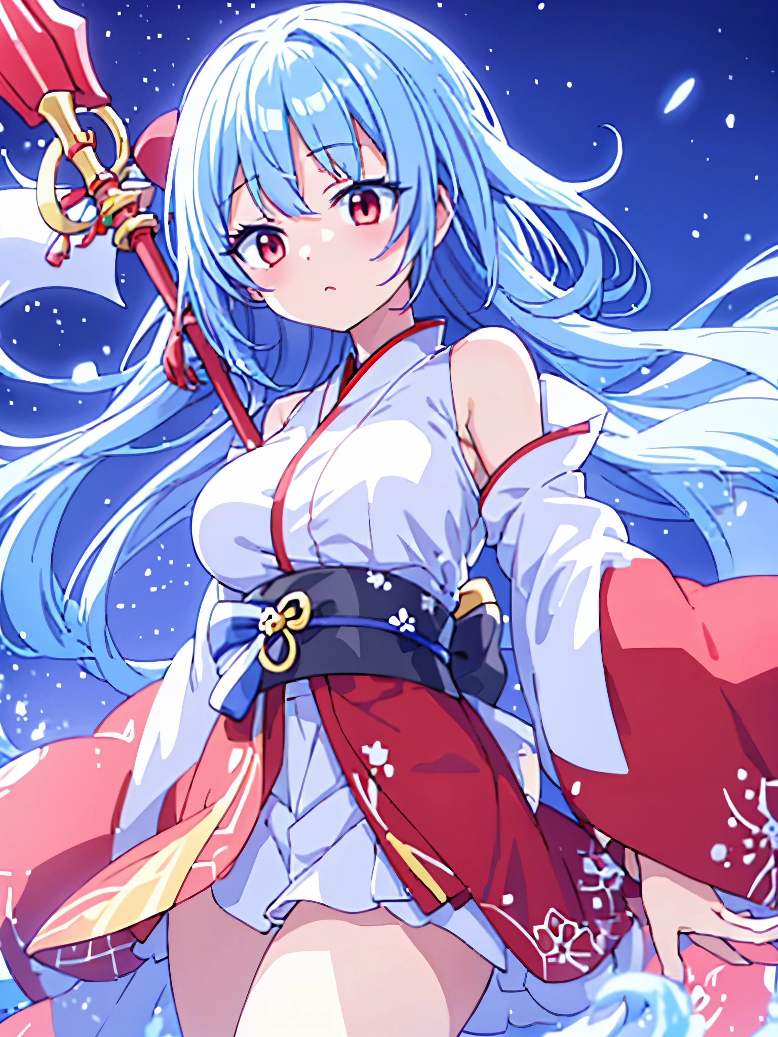 snow woman、Japan female in her 20s、kimono、long hem、light blue hair、shortcut、Long sideburns、bouncy back hair、red eyes、Red band、Abundant udder、You can see the chest、Crouch down with a sad expression、Weapon is a spear、Snowstorm and snowflakes on the background