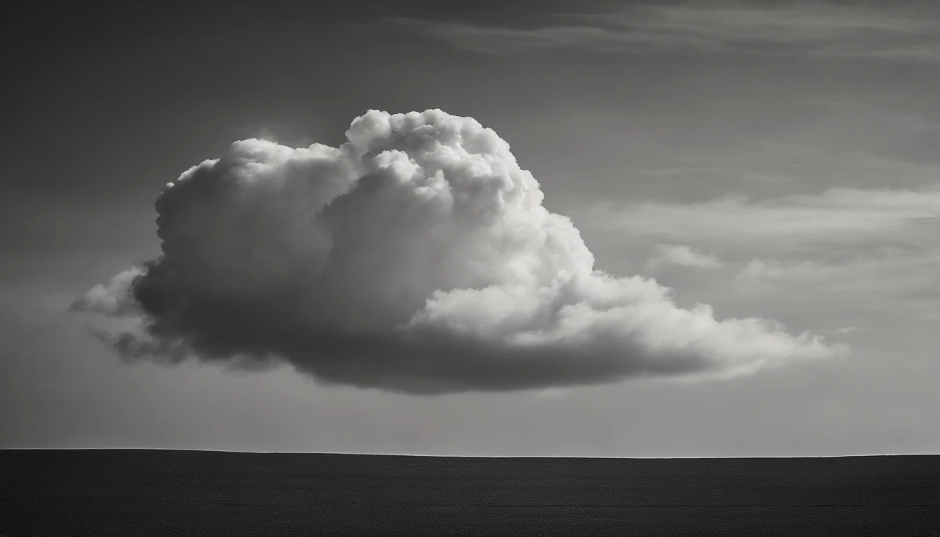 a minimalistic shot of a solitary cumulus nimbus cloud against a plain, monochromatic background, emphasizing its beauty and simplicity