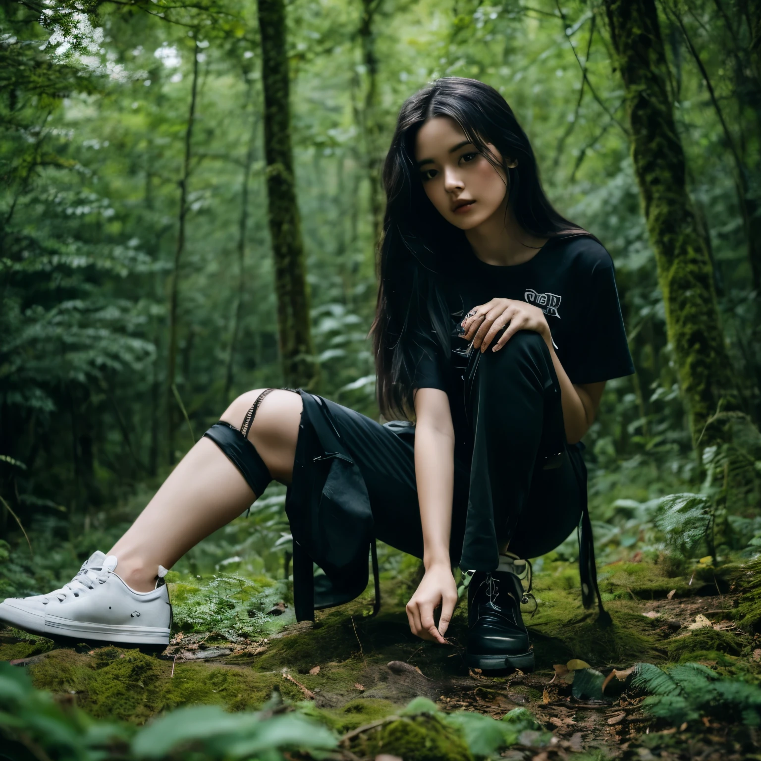 Beautyfull girl , Black t shirt , black long pant , black long hair, black shoes , black armband , forest vibes , dark cloud , white cloud  , tomb , skeleton , skull , wolf , bat , demons , satan , lucifer , satanism moon , mist , flower in hair , colorfull