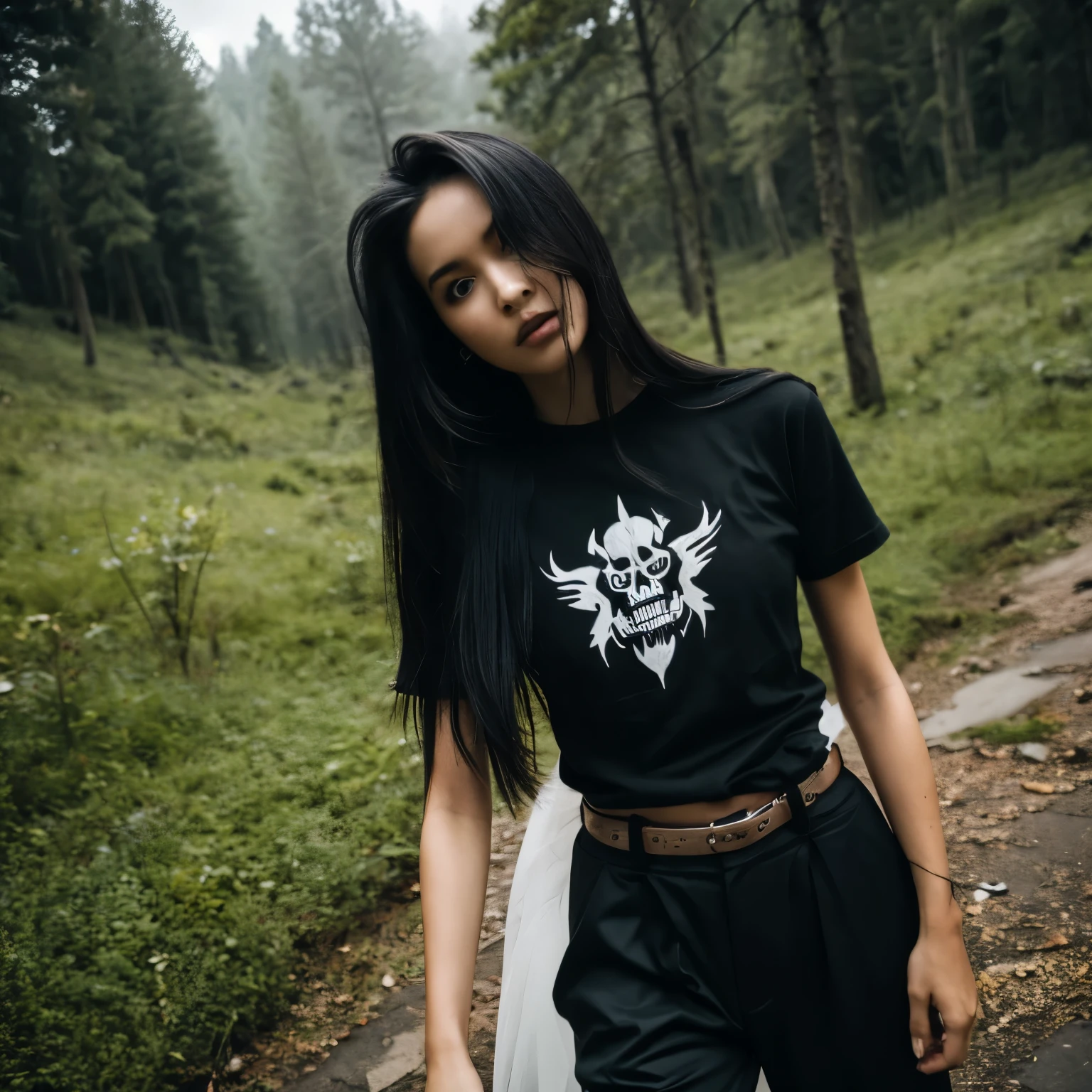 Beautyfull girl , Black t shirt , black long pant , black long hair, black shoes , black armband , forest vibes , dark cloud , white cloud  , tomb , skeleton , skull , wolf , bat , demons , satan , lucifer , satanism moon , mist , flower in hair , colorfull