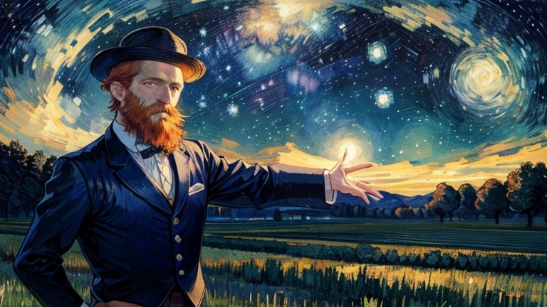 Van Gogh under the stars，19th century France，night，field，Super details，30-year-old Van Gogh，Short orange hair and beard