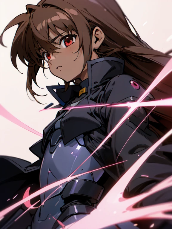 Masterpiece, Top quality, high resolution, highres, 8k, best quality, child, 1 male, shota, cute, innocent, ((dark skin)), otokonoko, red eye's, dark brown hair very long hair in a side-swept style smooth, wearing an a black bodysuit, black gaunlets, black coat, black exosuit, Black Gaunlets, magical girl lyrical nanoha vivio, cute artstyle, stand still, close up