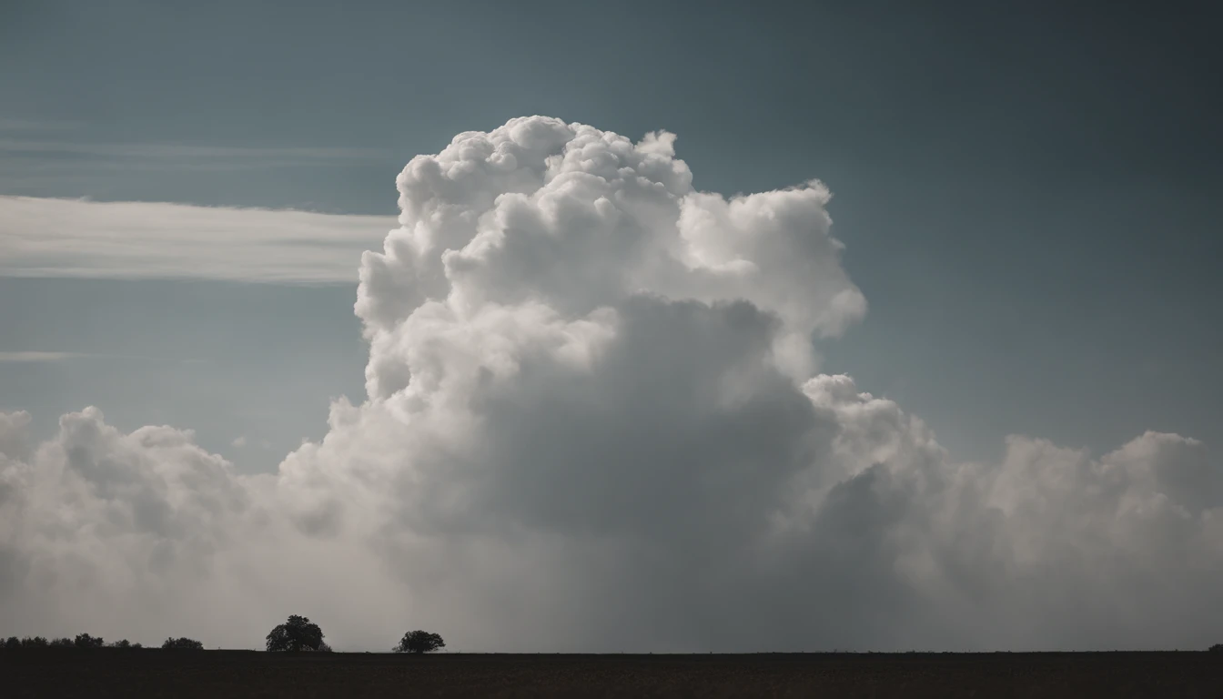 a minimalistic shot of a solitary cumulus nimbus cloud against a plain, monochromatic background, emphasizing its beauty and simplicity