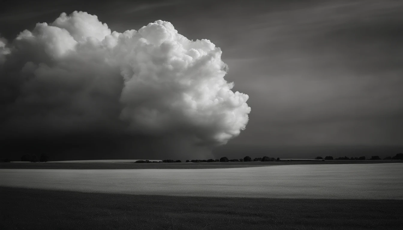 a minimalistic shot of a solitary cumulus nimbus cloud against a plain, monochromatic background, emphasizing its beauty and simplicity