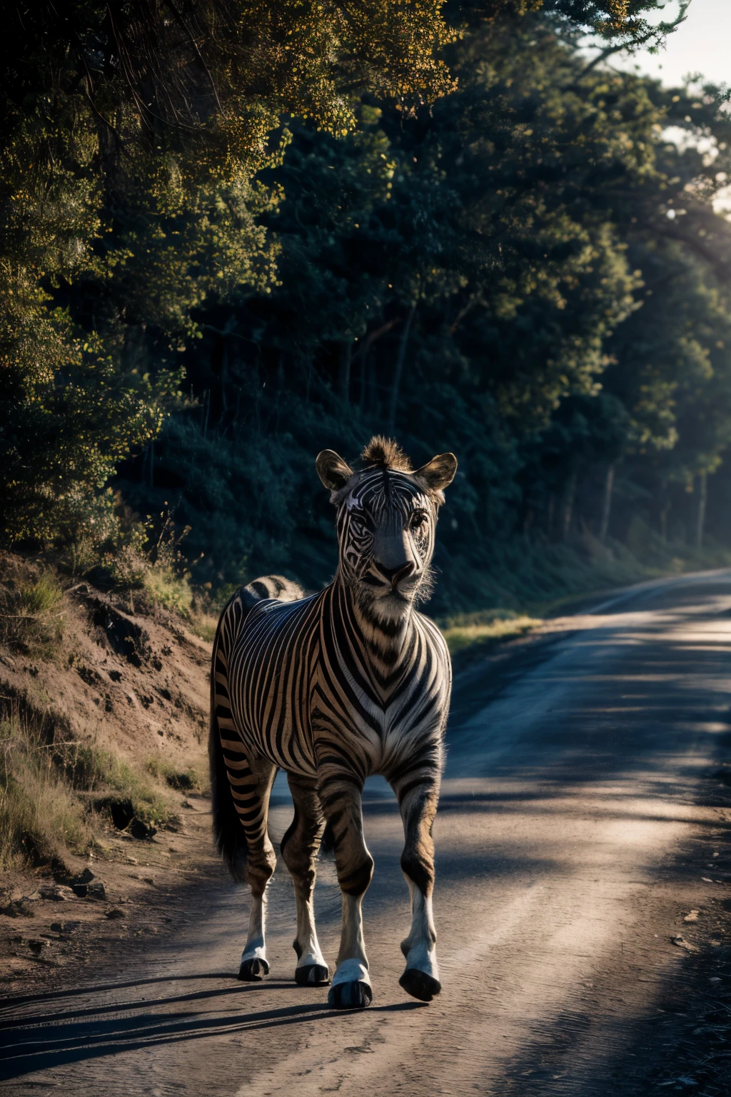 masterpiece, photorealistic:1.2, full body, (zebra:tiger:0.5), daylight, national geographic style, documentary style