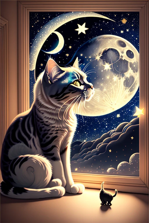 cat, masterpiece, moon, stars