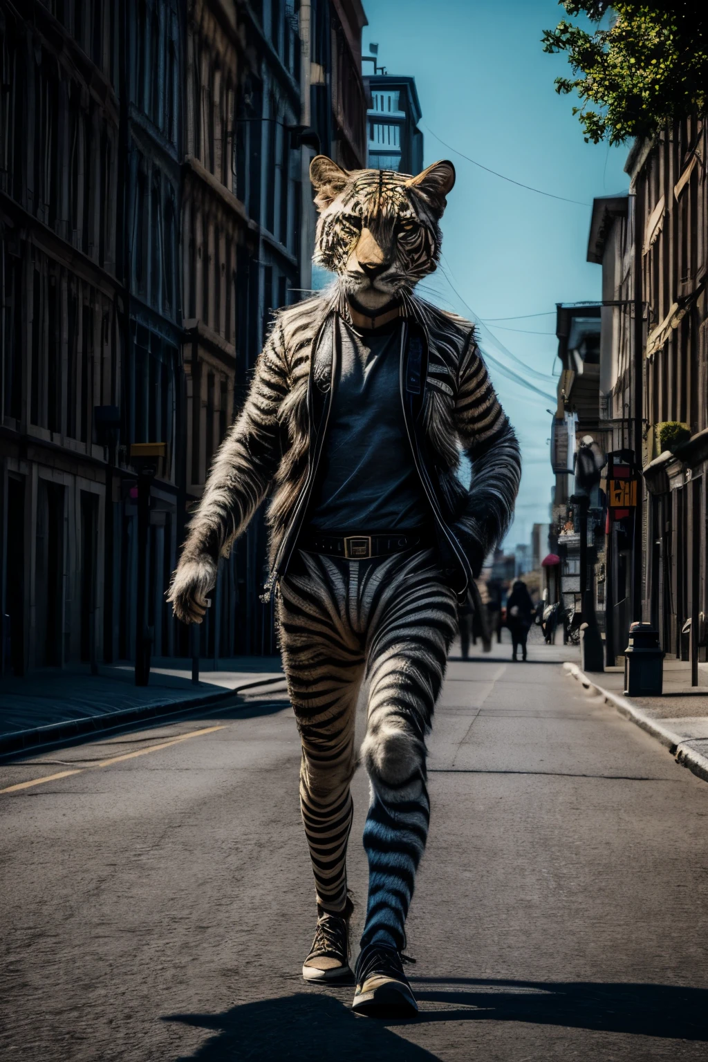 masterpiece, photorealistic:1.2, full body, (zebra:tiger:0.5), daylight, national geographic style, documentary style