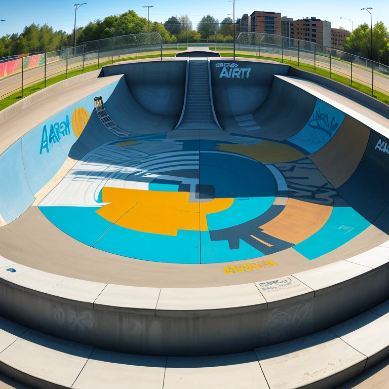 skate park with all ramp, bowl, rail park with art and graffiti typography