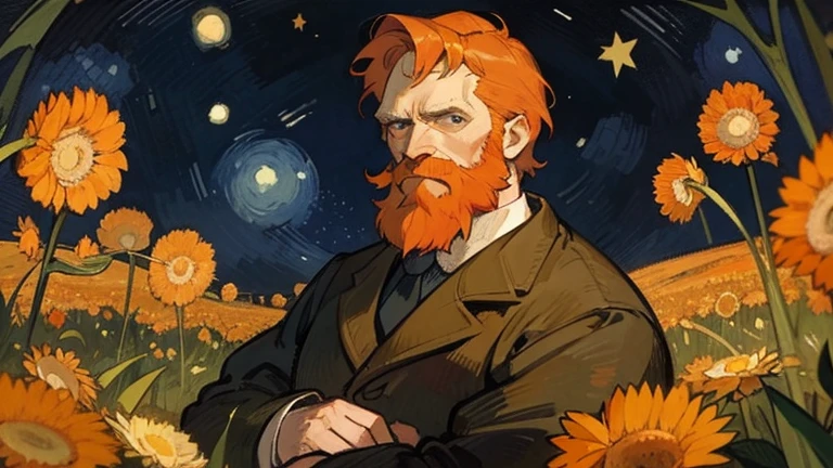Van Gogh under the stars，19th century France，night，field，Super details，30-year-old Van Gogh，Short orange hair and beard