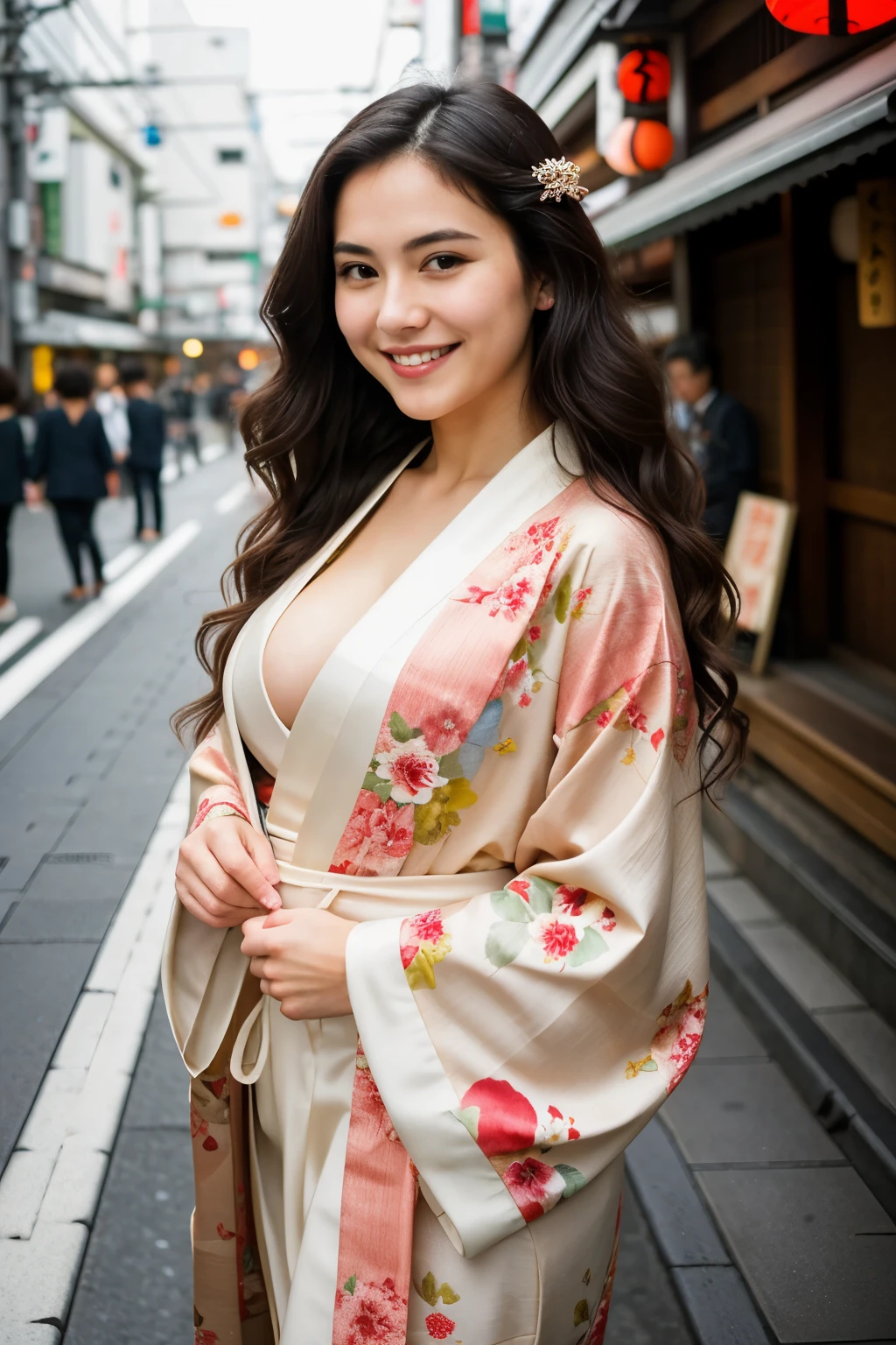 ((best quality)), ((masterpiece)), (detailed), perfect face with beautiful smile, long dark wavy hair, long legs, big breasts covered, wearing in kimono, tokyo streets in the background
