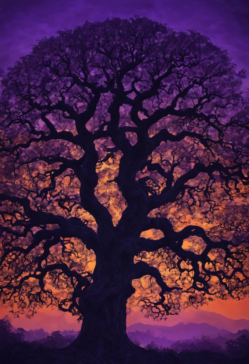 Digital illustration, a silhouette of a majestic oak tree with sprawling branches, set against a twilight sky painted with hues of deep purple and orange, Art Nouveau style, inspired by the works on Deviantart, camera with a wide angle lens, low angle shot, with a focus on the intricate patterns of the branches, rendered in 4K resolution with HDR lighting to enhance the silhouette effect.