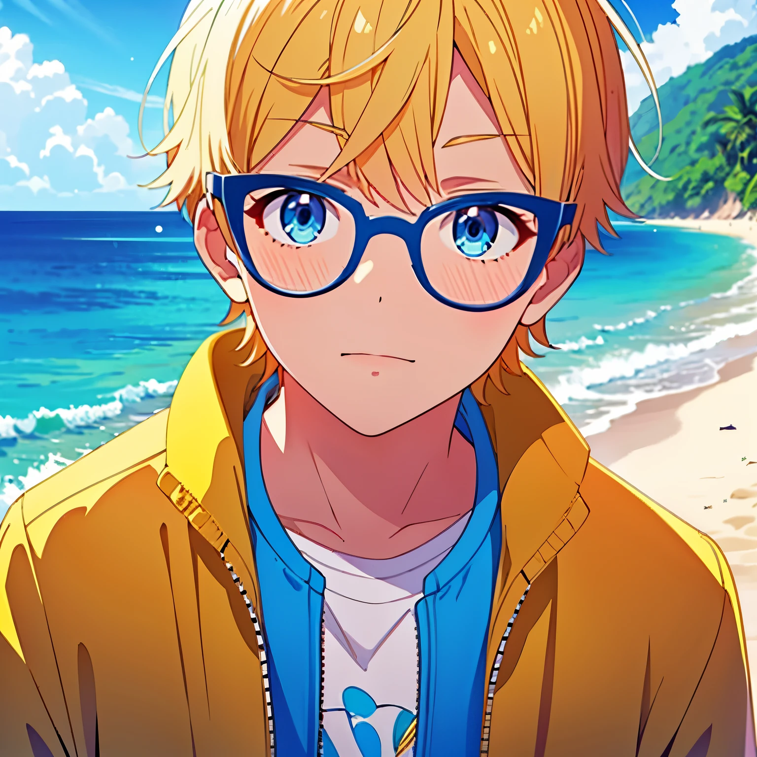 Blond hair, boy, beach jacket motif, glasses, blue eyes, yellow background