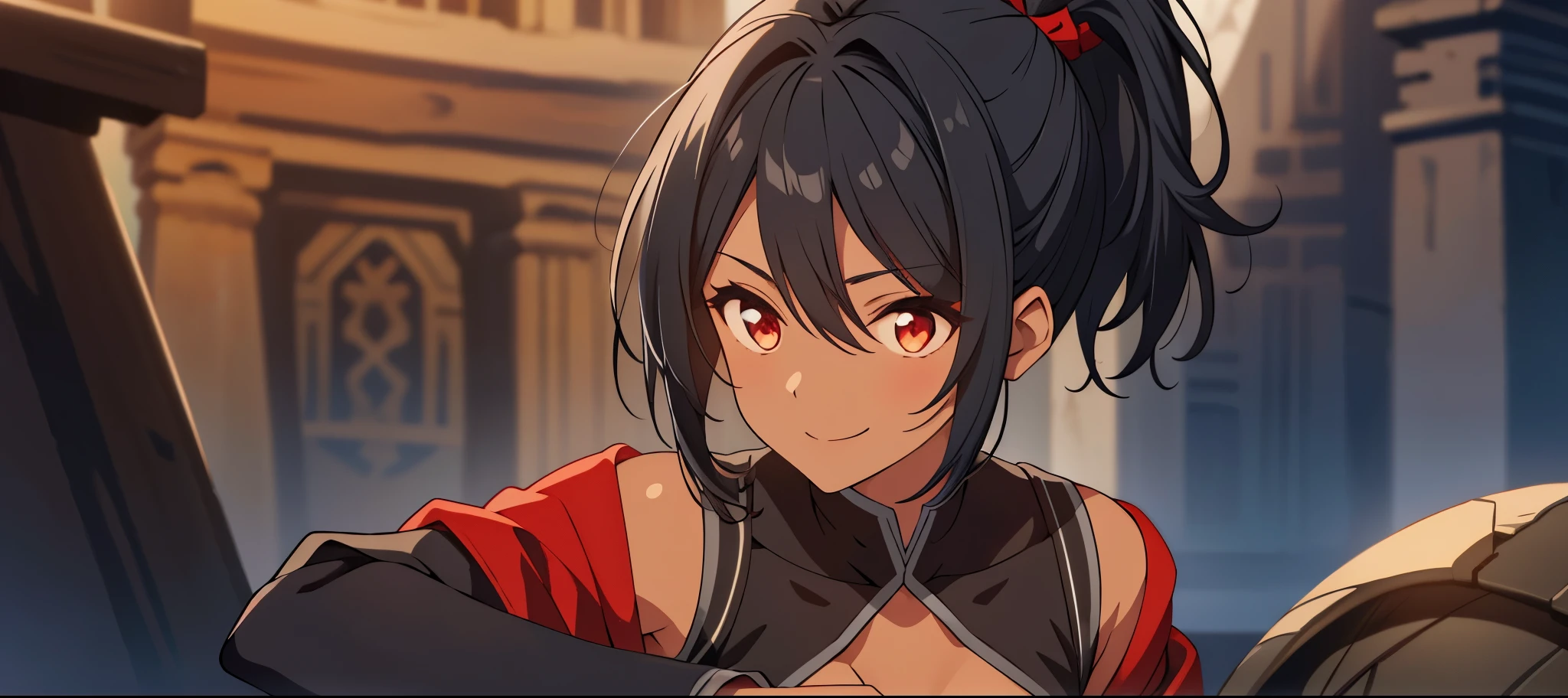 dreamy, (masterpiece), best quality, 1girl, Black short hair, amazing, beautiful detailed eyes, red eyes, fine details, depth of field, extremely detailed CG, ((Black skin)), Medieval outfit, Medieval black skirt, Medieval black shirt with red details, red sleeve, small breasts, muscular girl, korra, dark skin, dark-skinned female, ponytail, hair tubes, short hair, perfect anatomy, perfect hands, 1girl, solo,(high detailed skin:1.2), beautiful (skinny:0.8), (black skin:0.2), medieval background , smiling, Stop, 