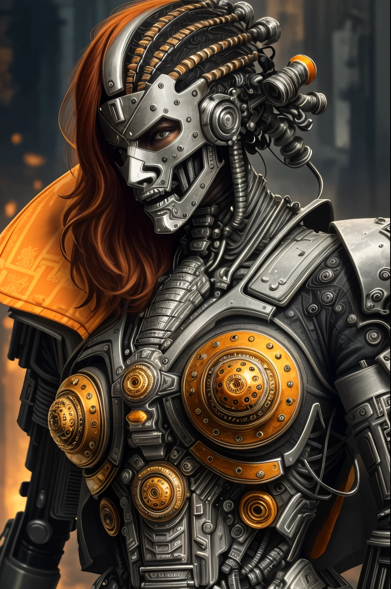 a close up symmetrical portrait of a cyberpunk gangster, biomechanical, mshn robot, splashes of orange red, hyper realistic, intricate design, (insanely detailed:1.4), (extremely fine details:1.35), Extremely sharp lines, steel, cinematic lighting, Photorealistic, a detailed painting by Ayami Kojima and Lilia Alvarado, (best quality, high quality, absurdres, intricate detail, masterpiece, cinematic), highly detailed, motion blur, film grain, noise, lens effects,