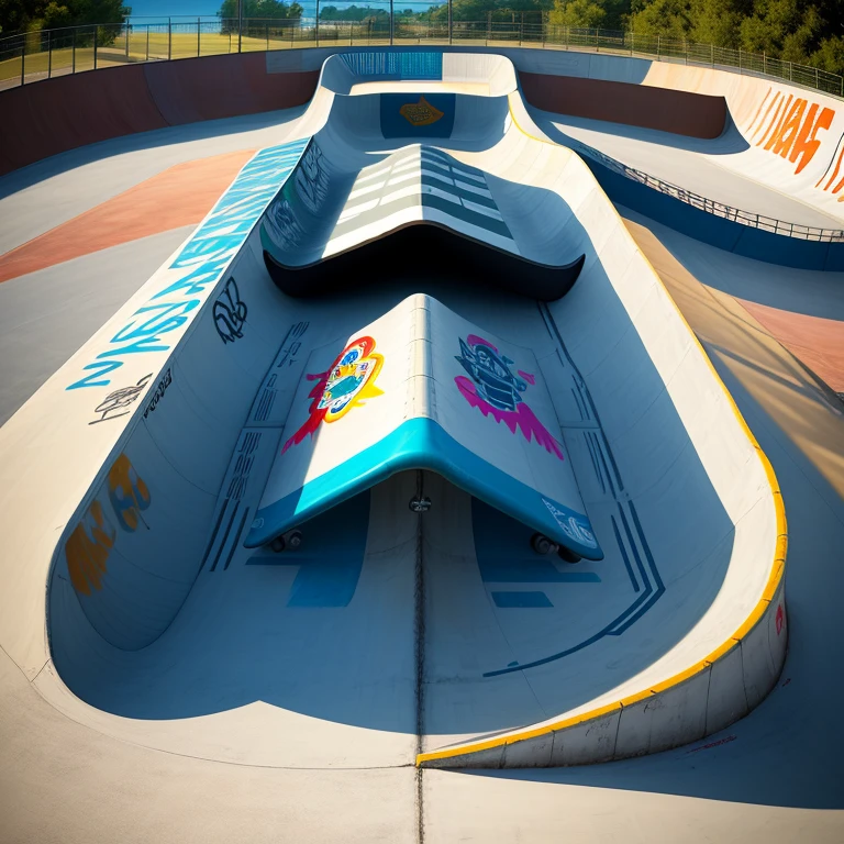 skate park all ramp, bowl, rail park with art and graffiti typography designs colorful topview angle