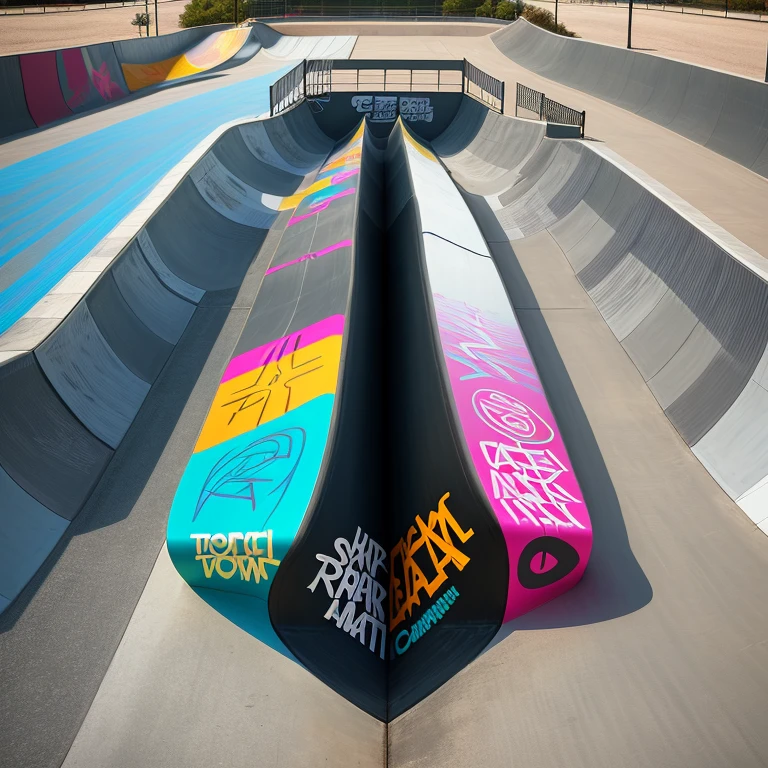 skate park all ramp, bowl, rail park with art and graffiti typography designs colorful topview angle