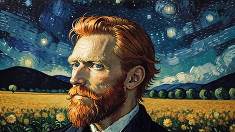 Van Gogh under the stars,19th century France,night,field,Super details,30-year-old Van Gogh,Short orange hair and beard