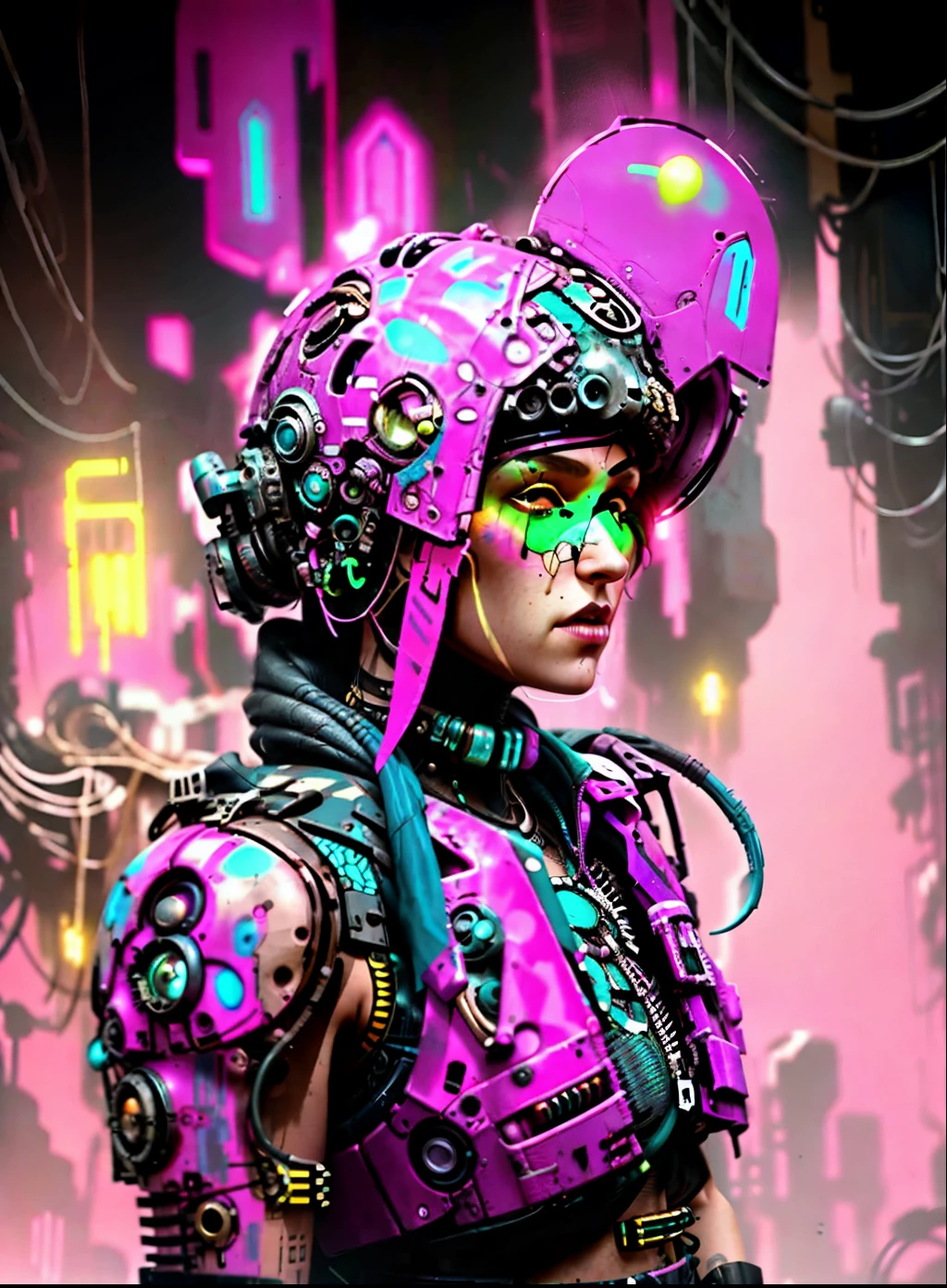 arafed woman wearing a helmet and a colorful top, cyberpunk flowerpunk, cyberpunk streetwear, wearing cyberpunk streetwear, hyper-realistic cyberpunk style, cyberpunk style , hyperrealistic, cyberpunk style color, spraypainted bodypaint graffiti, cyberpunk wearing, in cyberpunk style, graffiti inspired, the cyberpunk girl portrait, glitchpunk girl, has cyberpunk style, cyberpunk look, cyberpunk art style