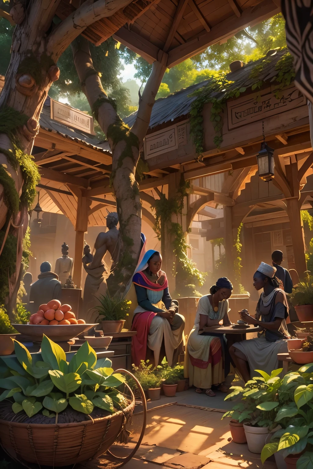 An African kingdom of the 19th century full of African people, African markets, vegetation, African sculptures,  beautiful sunrise shining, with beautiful iridescent light, artgerm style, 32k, ultra HD, unreal engine rendered, hyper-realistic image --auto --s2
