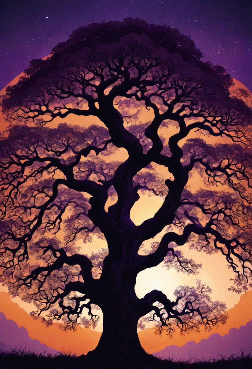 Digital illustration, a silhouette of a majestic oak tree with sprawling branches, set against a twilight sky painted with hues of deep purple and orange, Art Nouveau style, inspired by the works on Deviantart, camera with a wide angle lens, low angle shot, with a focus on the intricate patterns of the branches, rendered in 4K resolution with HDR lighting to enhance the silhouette effect.