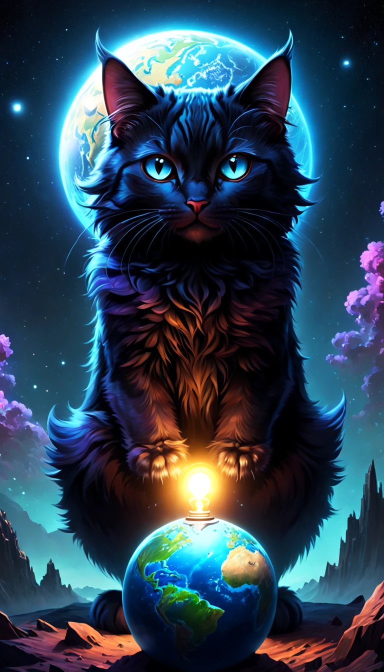 (philcat) holding a (blue) Earth in its paws, (Cat Planet), (space cat), (dark cat), (cat from the void), (cat in space), Devour a planet, (A world dominated by animals), Nekoji#39;s world, with earth, (god of cats), hold on to the earth, hold a planet, (cathartic), with earth in the background.
(Best quality at best, 4K, 8K, A high resolution, tmasterpiece:1.2), ultra - detailed, (actual, force, Photo-pressing:1.37), HighDynamicRange, (vivd colour), (Focus sharp), (physically-based renderingt), (Ultra-fine painting), (professional), (bokeh), (Studio lighting).
(illustratio), (oil painted), (3Drenderingof), (photography of), (Concept artist), (sportrait), (The landscape), (sci-fy), (terror), (This cartoon).
(Colorful, A vibrant), (Dark, moodiness), (Ethereal), (The warm, glowing), (The soft, pastels), (dream-like).
(iintricate, dramatics) lamplight, dramatic shadow.