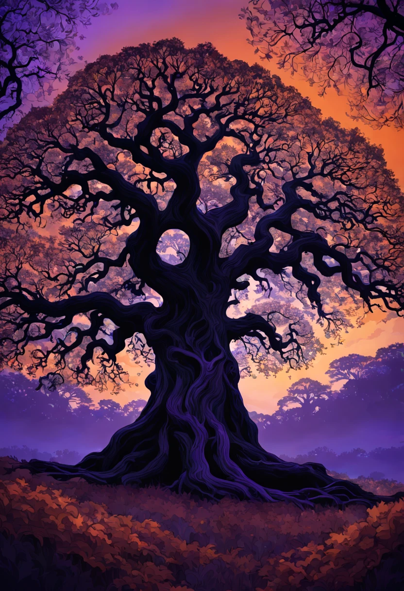 Digital illustration, a silhouette of a majestic oak tree with sprawling branches, set against a twilight sky painted with hues of deep purple and orange, Art Nouveau style, inspired by the works on Deviantart, camera with a wide angle lens, low angle shot, with a focus on the intricate patterns of the branches, rendered in 4K resolution with HDR lighting to enhance the silhouette effect.