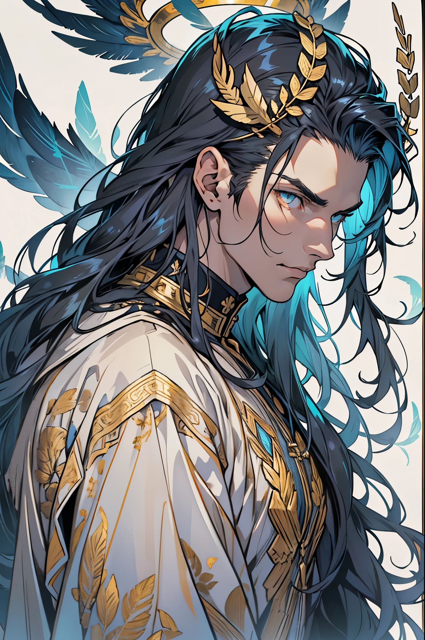 (Anime-style), portrait of winter's god, ((1boy)), cowboy shot, male focus, white background, empty background, (mature male), 30 years old, (muscular man), tall, chiseled man, (((pale skin))), jet-black hair, absolute long hair, Forehead, Slicked back hair, (golden eyes), sharp look, fantastic Scandinavian fashion, ((black clothes)), long sleeves, ((feathers)), (laurel wreath), halo, hairs ornament, fantastic fashion, creepy atmosphere, expressionless, icicle ornament, blue luminous, detailed face, detailed eyes, best quality, masterpiece,