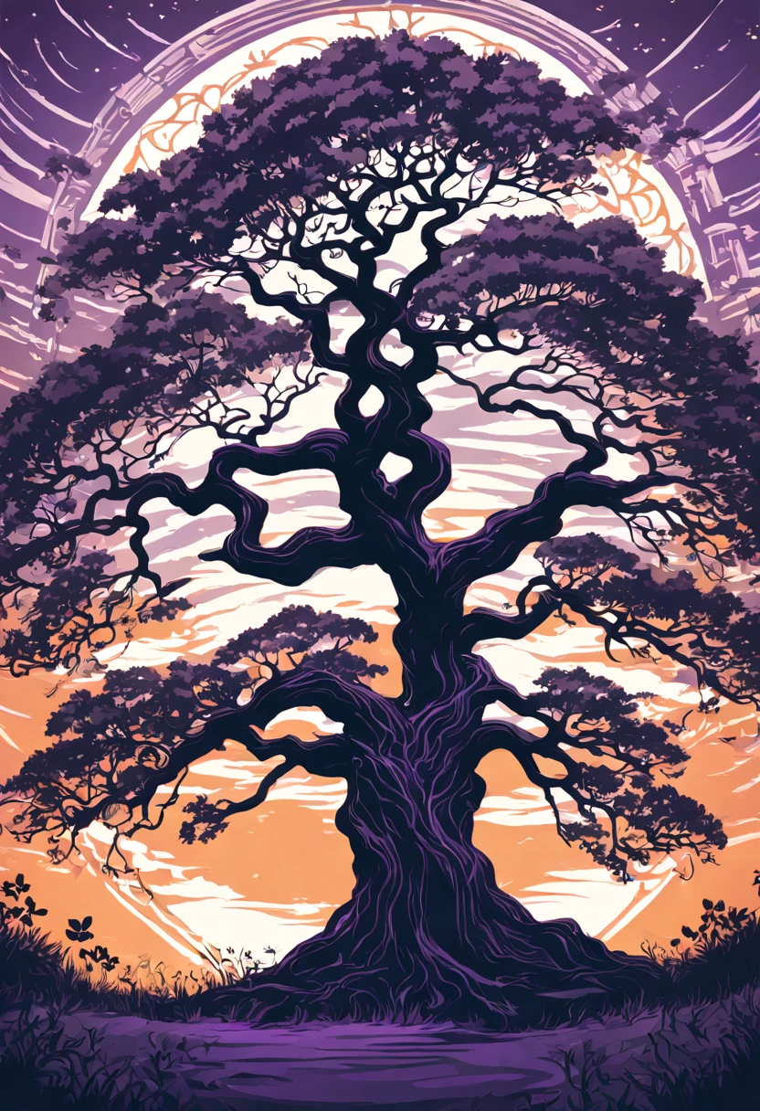 Digital illustration, a silhouette of a majestic oak tree with sprawling branches, set against a twilight sky painted with hues of deep purple and orange, Art Nouveau style, inspired by the works on Deviantart, camera with a wide angle lens, low angle shot, with a focus on the intricate patterns of the branches, rendered in 4K resolution with HDR lighting to enhance the silhouette effect.