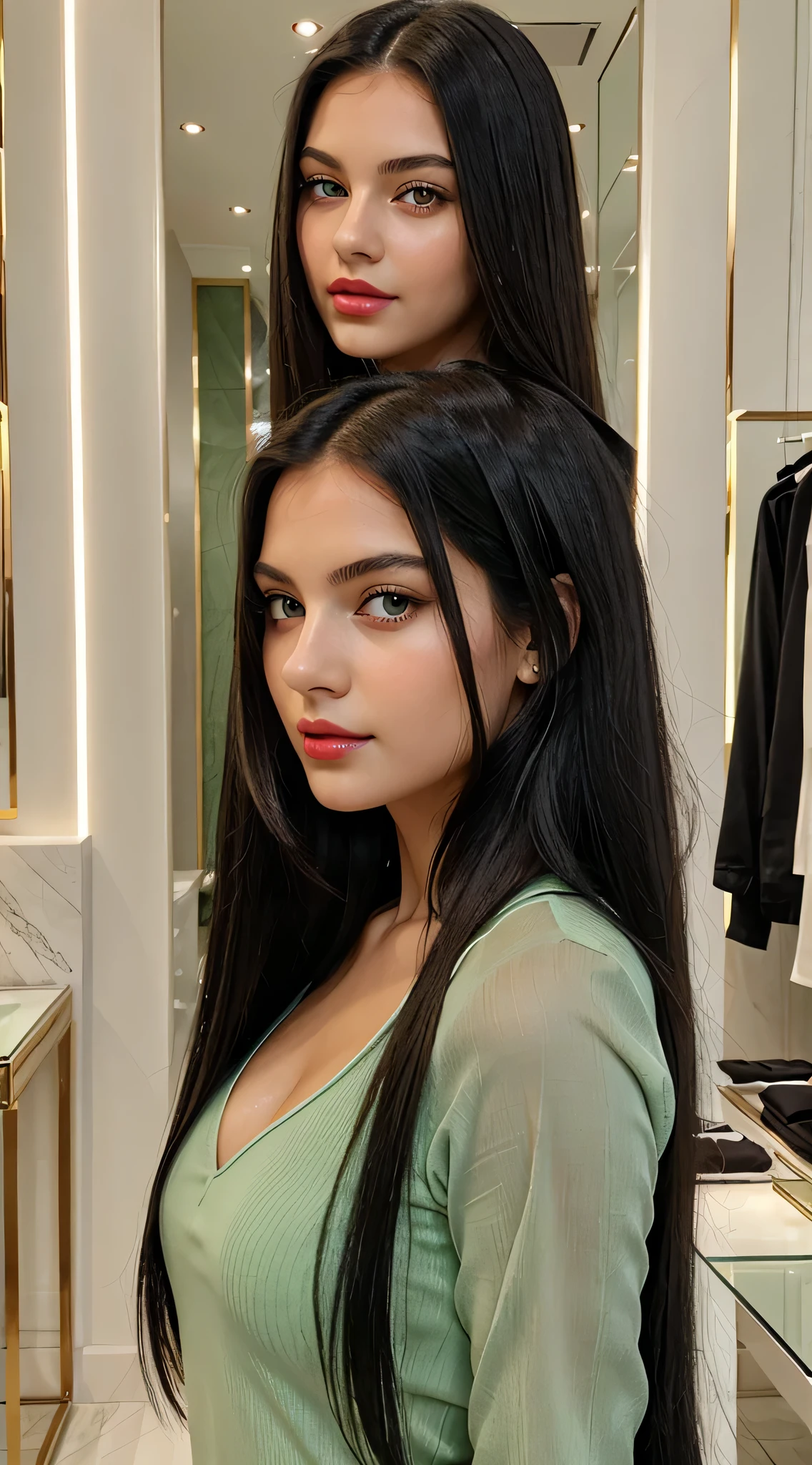 a beautiful girl with an angelic face, she is 19 years old, long straight black hair, light green eyes, thick sage red lips, thick sexual lips, She is in a luxury clothing store she has beautiful bright green eyes and long straight hair black. beautiful thick lips sex,