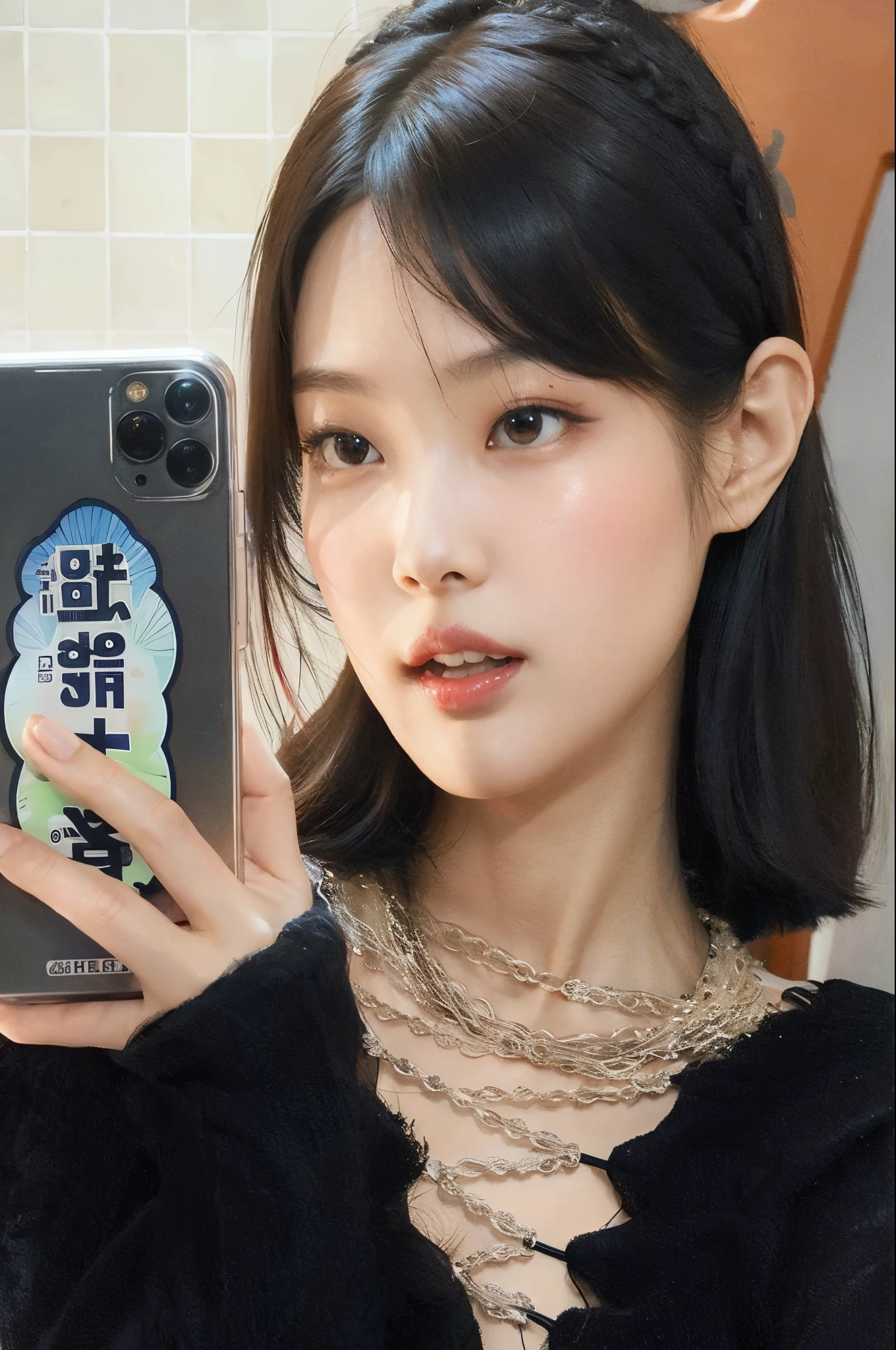 There's a woman taking a selfie with her phone, jaeyeon nam, Lee Ji-eun, Lee Ji-eun, Jinyoung Shin, heonhwa choe, Ulzzang, o corte Hime, young pale and beautiful asian face, Kim Doyoung, sui ishida com cabelo preto, amor suzy, corte de cabelo preto hime, young lovely korean face