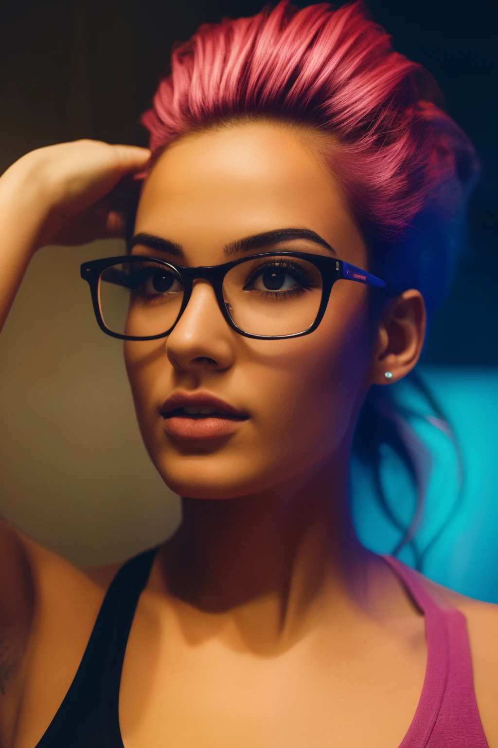 Absurd resolution, high resolution, (masterpiece: 1.4), hyper-detail, hyper-realistic, beautiful 18 year old girl in datacenter, with pink t-shirt, with punk blue hair, glasses, happy, rage, night, light portrait, Instagram model, cleavage, beautiful latin face, beautiful body and face, beautiful woman, beautiful and detailed body and face, beautiful face and figure, natural makeup, photorealistic, RAW, skin texture, film grain, best shadow, 55mm, ultra HD, film grain,