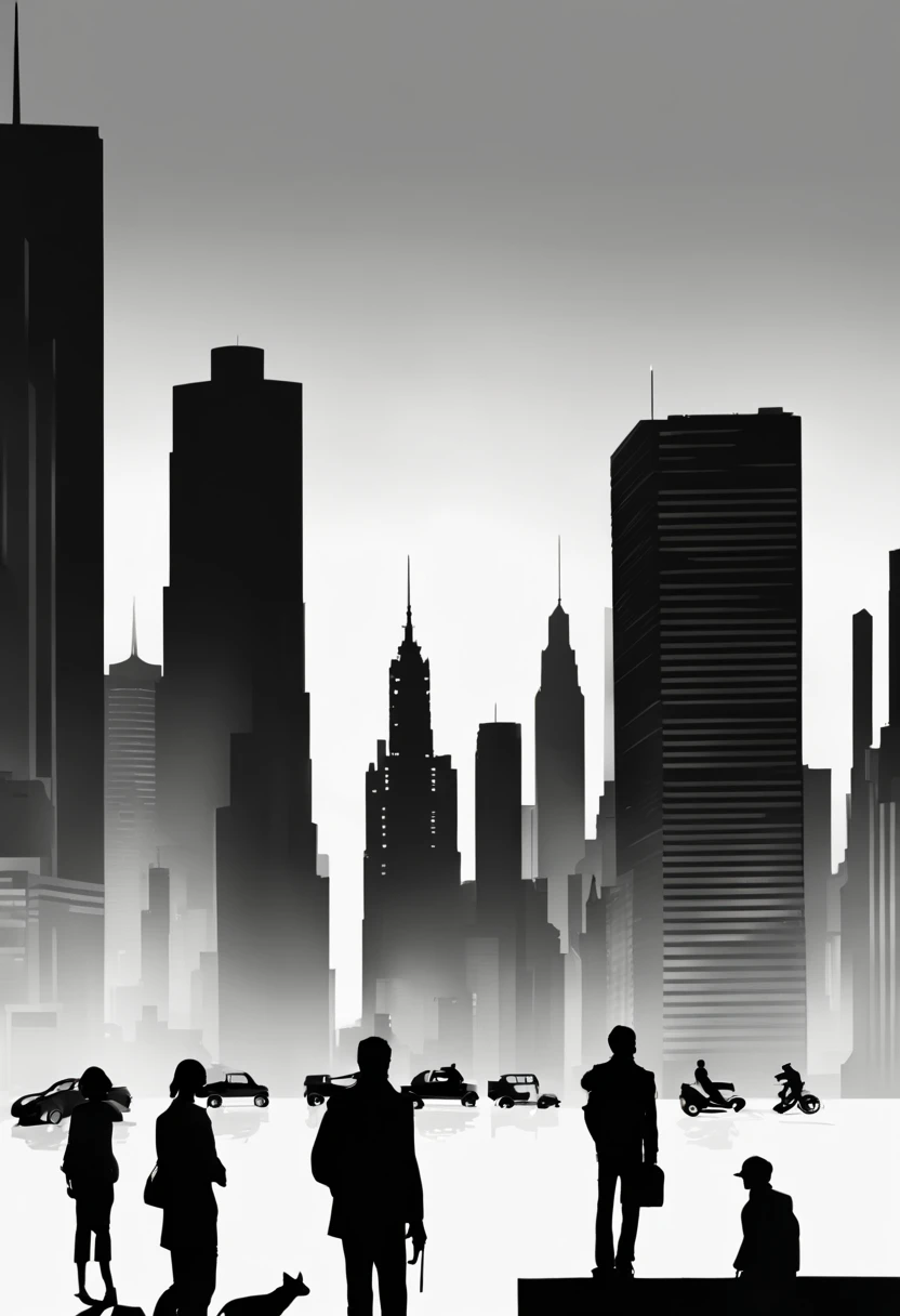 Type of Image: Concept Art, Subject Description: A series of interconnected silhouettes depicting a bustling cityscape with people, vehicles, and skyscrapers, Art Styles: Minimalist, Art Inspirations: Behance minimalist projects, Camera: 35mm lens, Shot: long shot to capture the expanse of the city, Render Related Information: high contrast with sharp focus to clearly define the silhouette edges, presented in monochromatic tones to emphasize the play of light and shadow.