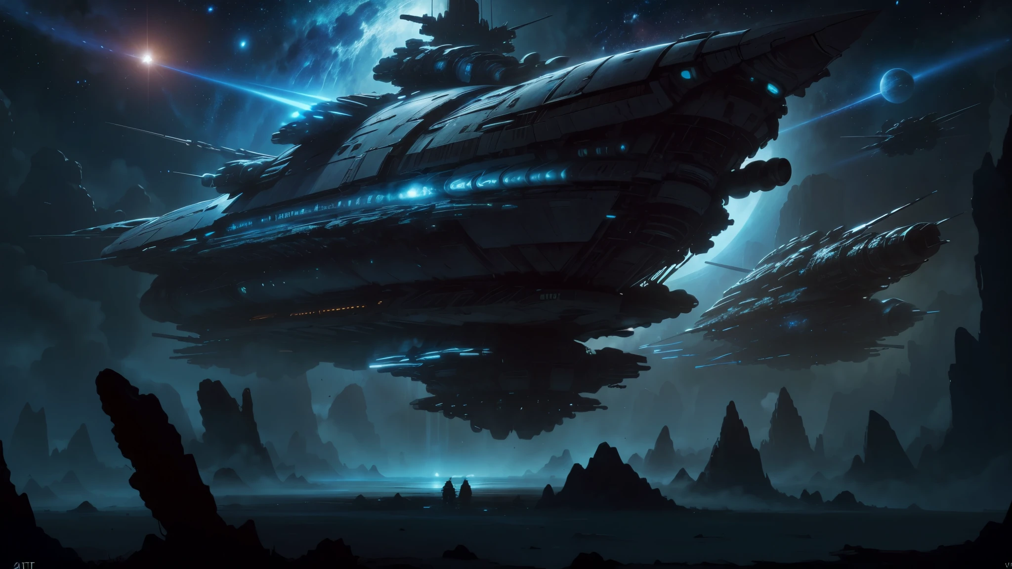 Spaceship with crew surrounded by planets high quality 4K