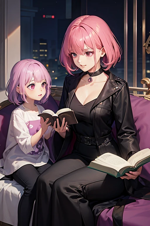 A pink haired female reaper with violet eyes and an hourglass figure and short hair is reading a book to a . 
