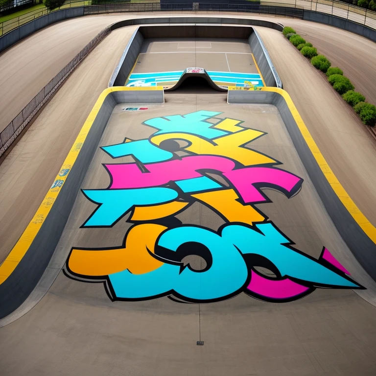 topview skate park with all ramp, bowl, rail park with art and graffiti typography designs colourful