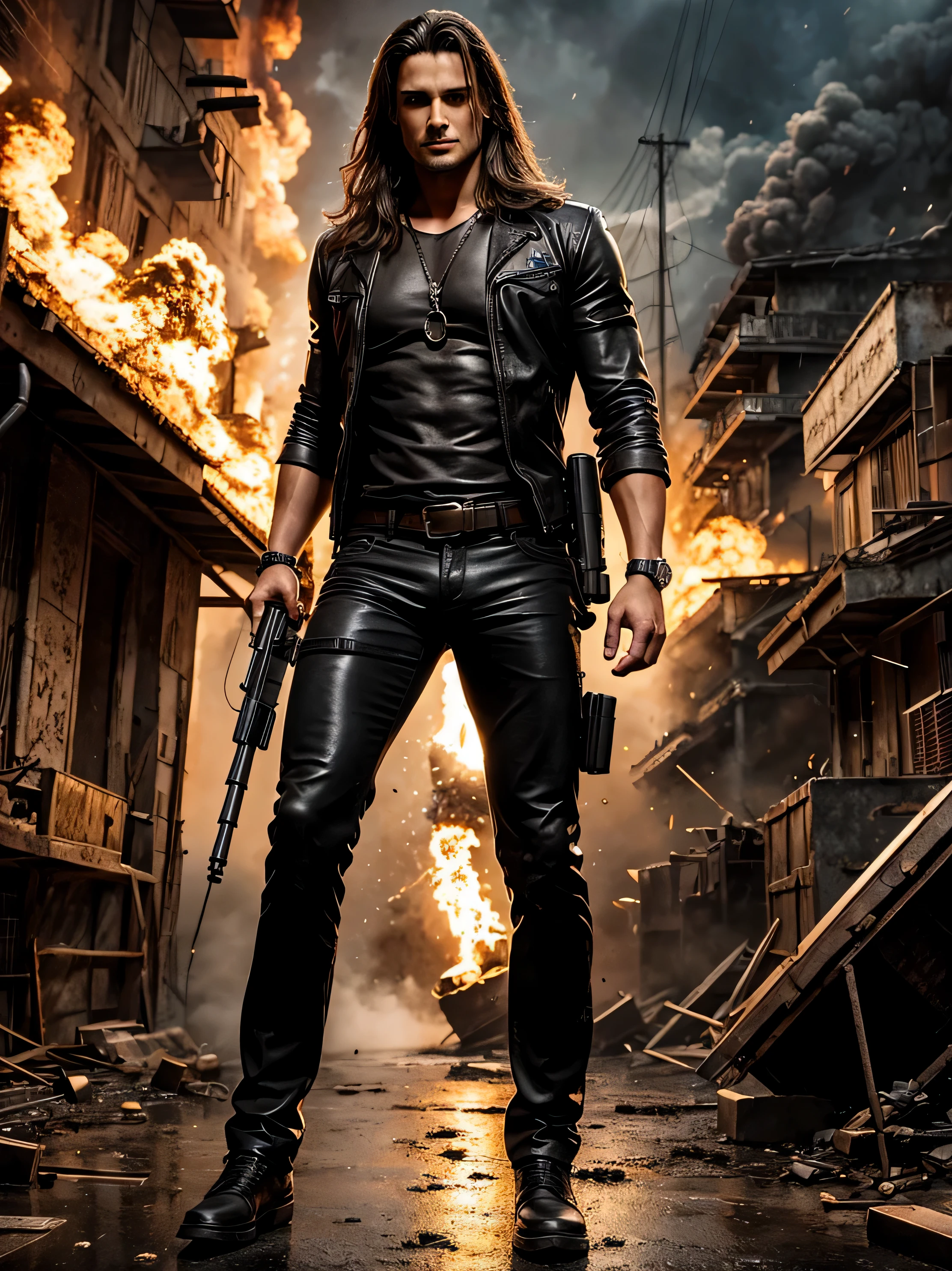 medium long hair Diogo Morgado as exterminator with big gun, arte royo.3D. Vista completa.. 3D. explosions. selva. andando.