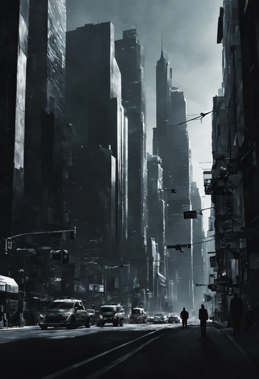 Type of Image: Concept Art, Subject Description: A series of interconnected silhouettes depicting a bustling cityscape with people, vehicles, and skyscrapers, Art Styles: Minimalist, Art Inspirations: Behance minimalist projects, Camera: 35mm lens, Shot: long shot to capture the expanse of the city, Render Related Information: high contrast with sharp focus to clearly define the silhouette edges, presented in monochromatic tones to emphasize the play of light and shadow.