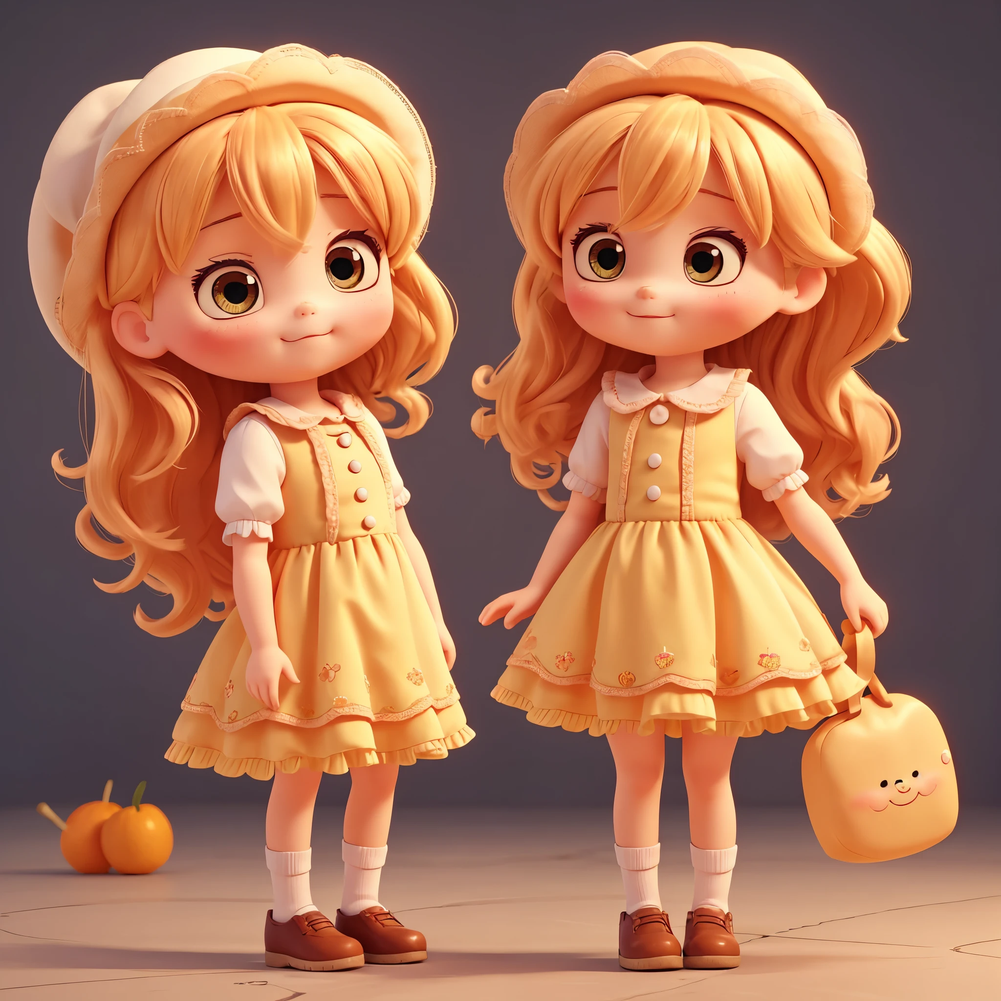 Create a collection of cute baby chibi style girl dolls,Each has a lot of detail and 8K resolution. All dolls should follow the same solid color background pattern,And complete in the image, Pubic Area Showing (full bodyesbian, including legs: 1.5) Mini cute dolls: Call her Marina. She must have small, orange-yellow gradient hair. Your eyes should be large and expressive, Long eyelashes and rosy cheeks. Delicate white smile. Sophie must wear a little fluffy dress, Bib skirt and cute hat. eery. Be sure to add details to your clothes, Such as buttons and pockets, Cute shoes Make sure to add a shadow, Texture and detail of hair, The clothes ar, Make them more cute and charming.