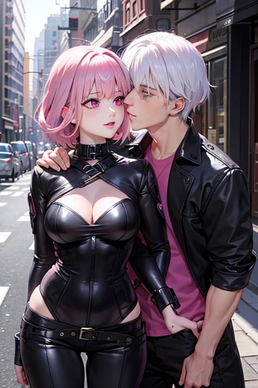 A pink haired female reaper with violet eyes and an hourglass figure and short hair is kissing a white haired man with ruby eyes on the street
